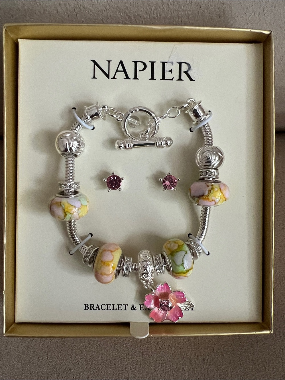 NWT Napier Silver-Tone Floral Charm Bracelet with Pink and Yellow Beads